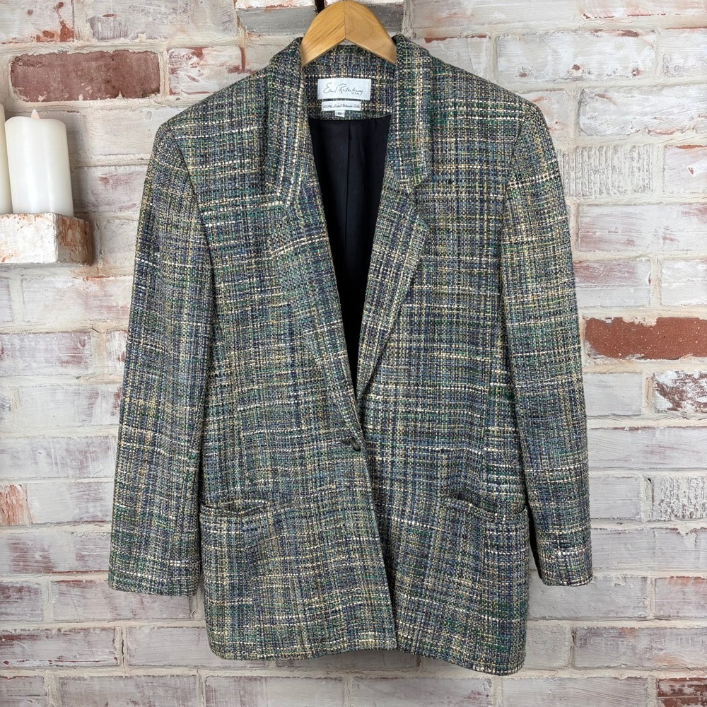 Emil Rutenberg 100% Silk Tweed Blazer Small Tailored 3/4 Sleeve Green Blue Plaid